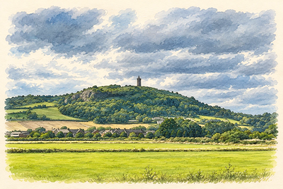 Watercolour and fine ink illustration of Scrabo Hill and the distant Scrabo Tower, County Down, as photographed in July 2026.