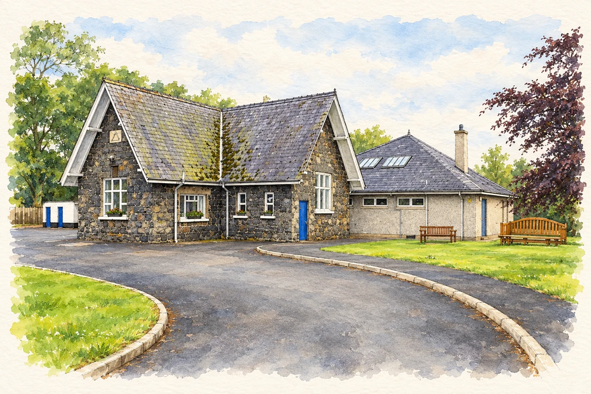 Watercolour and fine ink illustration of Bellarena School, 2017.