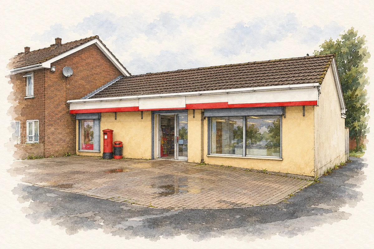 Watercolour and fine ink illustration of Caw Post Office.