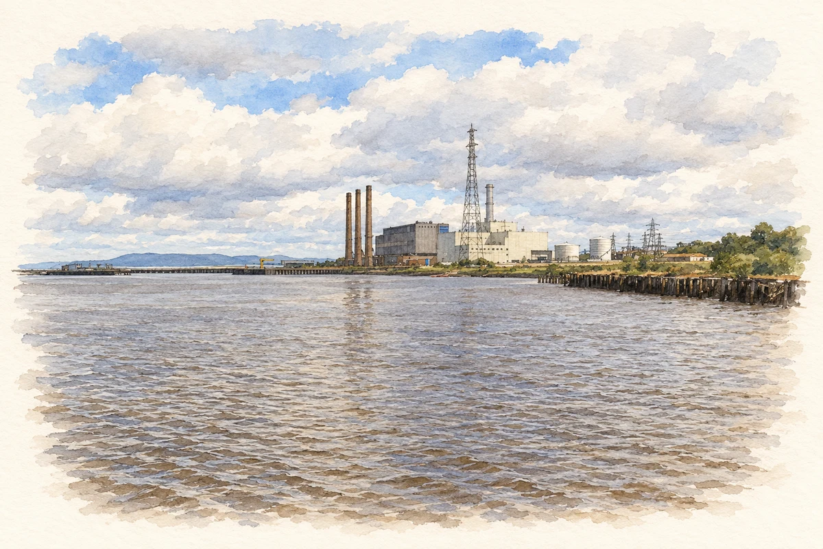 Watercolour and fine ink historical reconstruction of Coolkeeragh Power Station seen across the River Foyle in 2007, including the three old chimneys.