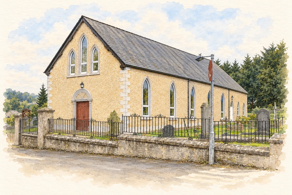 Watercolour and fine ink illustration of Culnady Presbyterian Church.