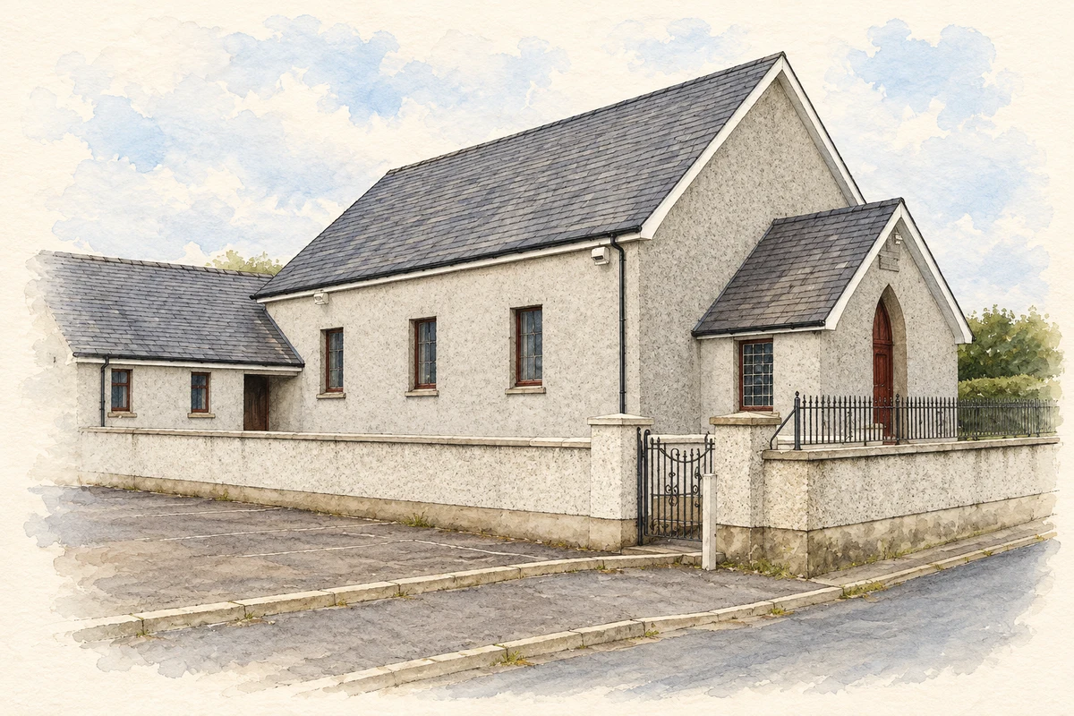 Watercolour and fine ink illustration of Curran Presbyterian Church.
