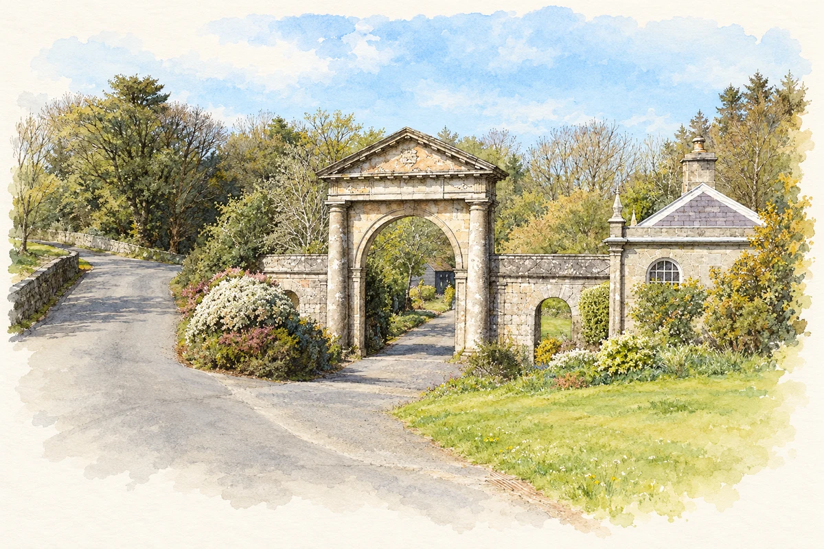Watercolour and fine ink illustration of Bishop’s Gate, Downhill.