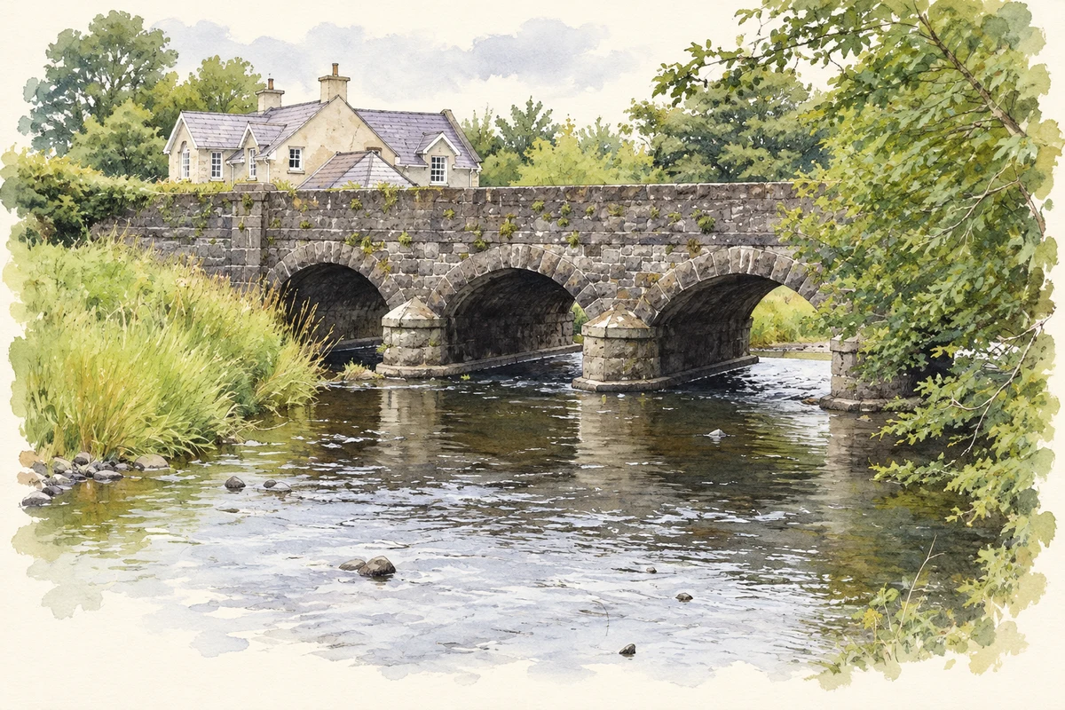 Watercolour and fine ink illustration of Glenone Bridge over the Clady River, as photographed in 2018.