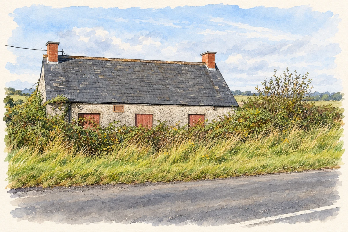 Watercolour and fine ink illustration of Lislea Protestant Hall in County Derry, as photographed in 2007.