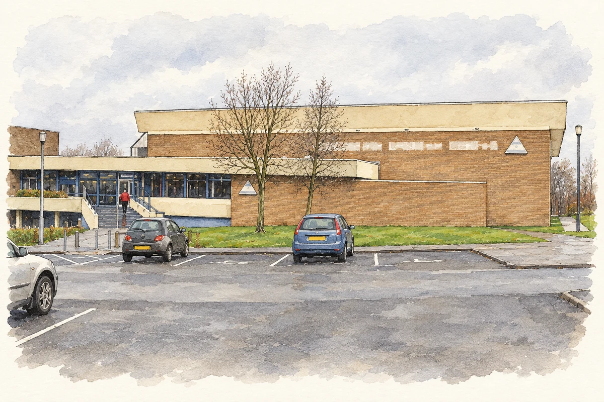 Watercolour and fine ink illustration of Lisnagelvin Leisure Centre as photographed in January 2006.