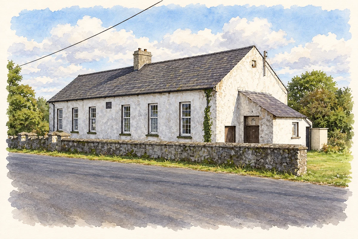 Watercolour and fine ink illustration of Lisnamuck old school in County Derry, as photographed in 2007.