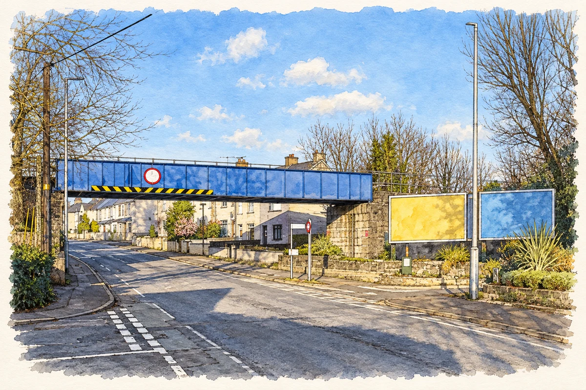 Watercolour and fine ink illustration of The railway bridge over Millburn Road, Coleraine, as photographed in March 2024.