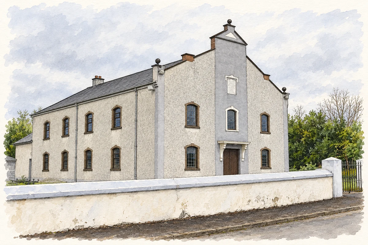 Watercolour and fine ink illustration of Moneydig Presbyterian Church, as photographed in June 2008.