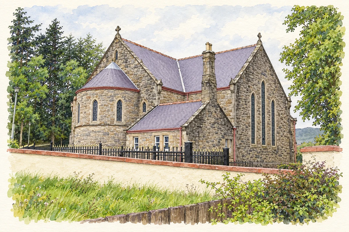 Watercolour and fine ink illustration of Saint Eugene’s Church at Moneyneany, as photographed in August 2007.