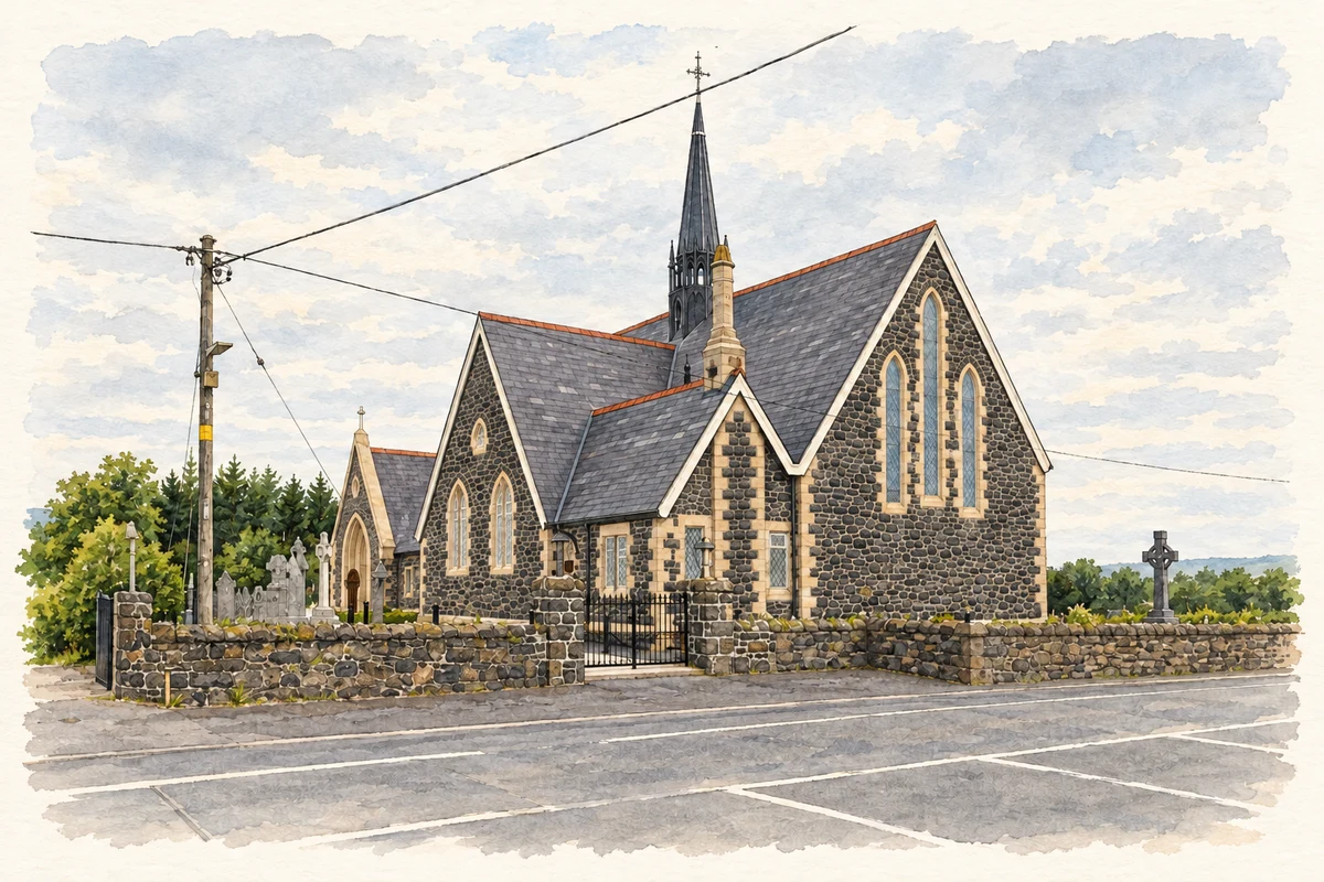 Watercolour and fine ink illustration of Saint Mary’s Church, Moyagall, as photographed in July 2022.