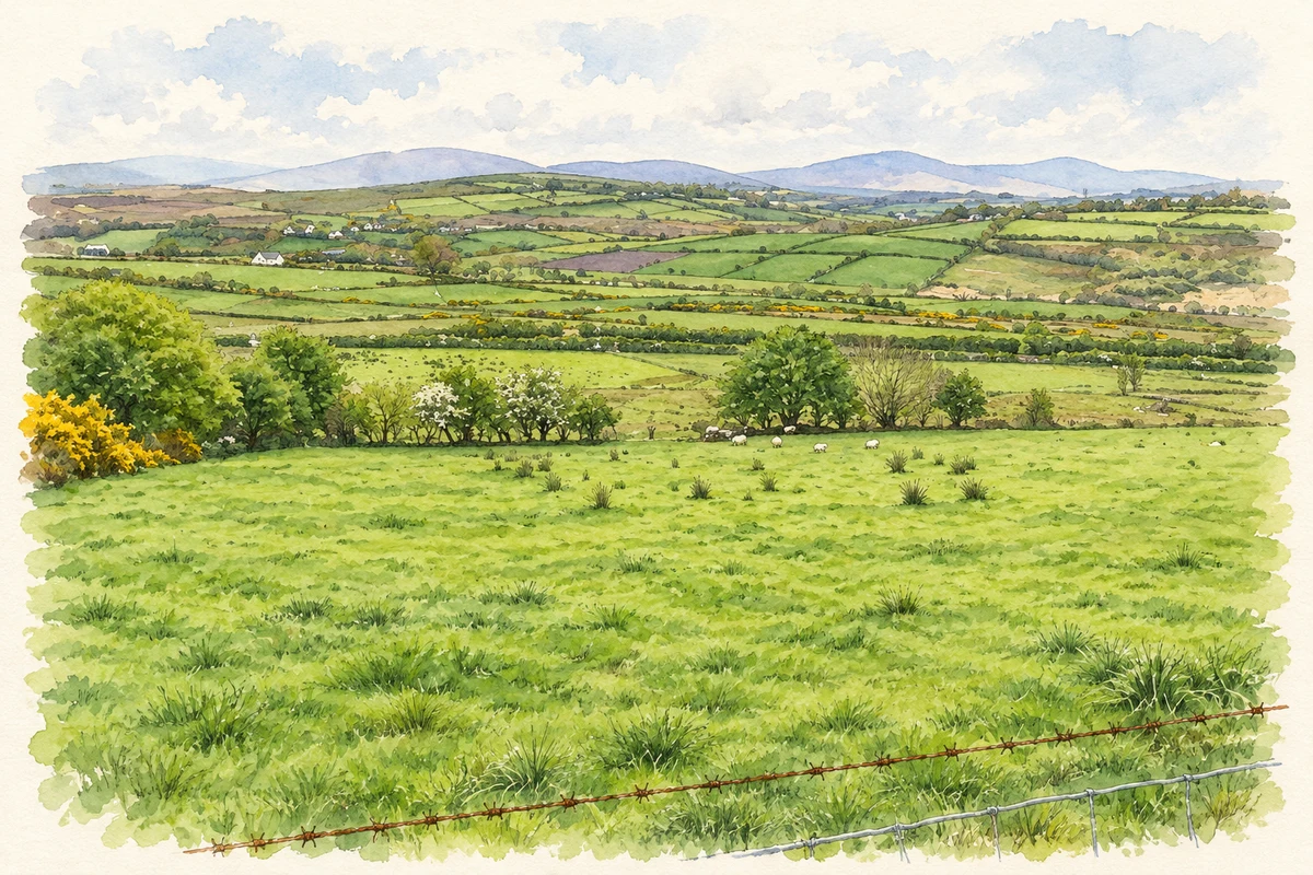 Watercolour and fine ink illustration of Countryside at Muldonagh, as photographed in May 2007.