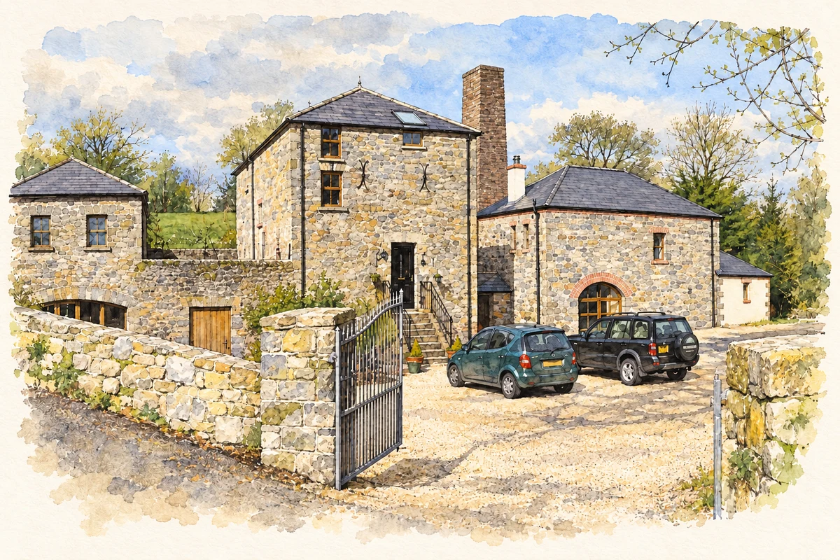 Watercolour and fine ink illustration of Cloughbally Mill, Ballycassidy, County Fermanagh.