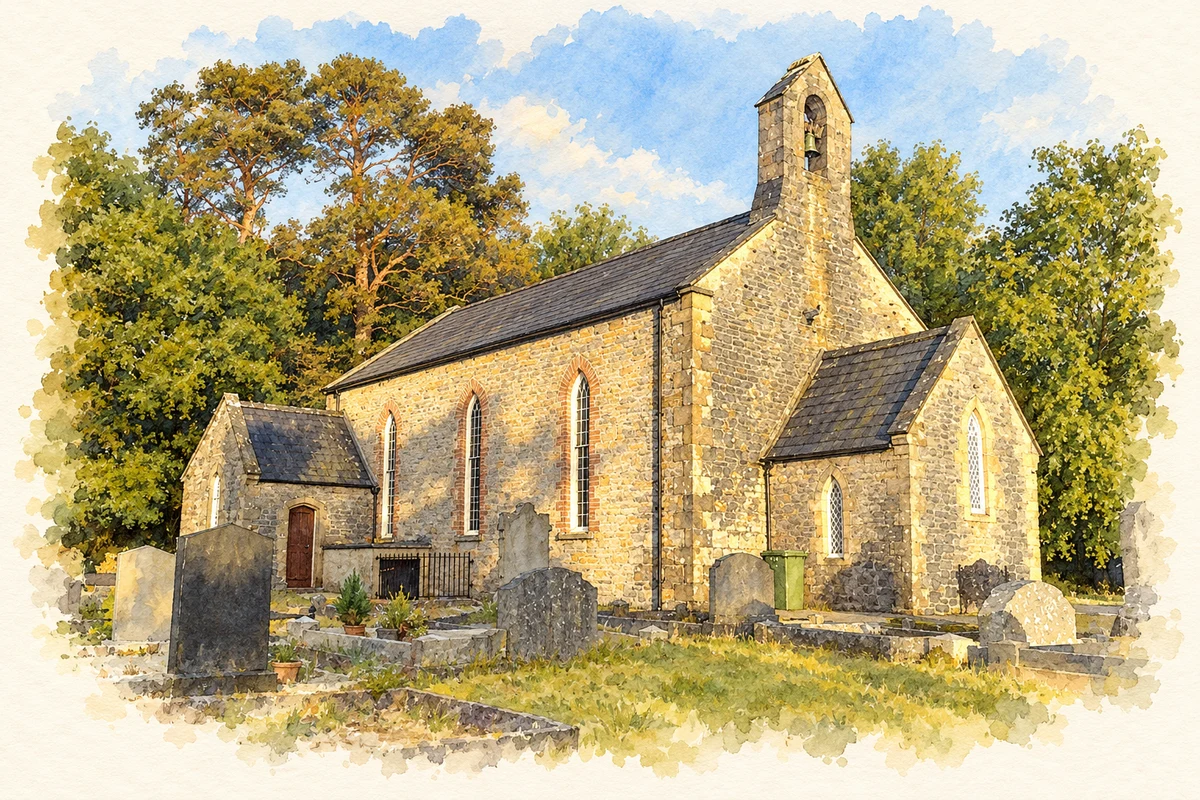 Watercolour and fine ink illustration of Saint Michael’s Church, Derryharney.