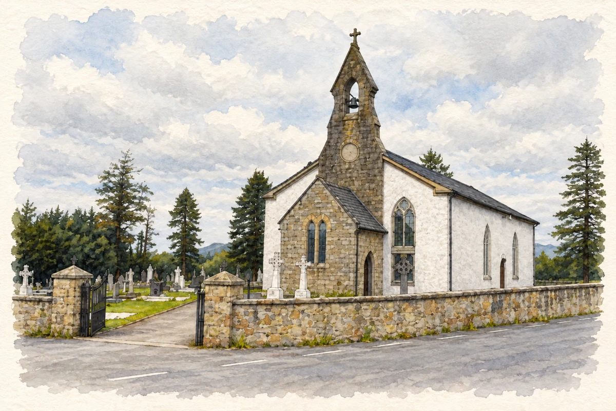 Watercolour and fine ink illustration of Saint Ninnidh's Church, Derrylin, County Fermanagh.