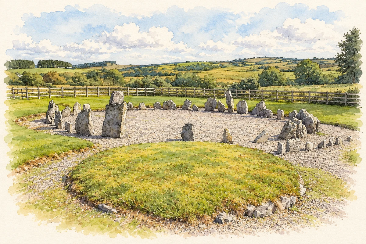 Watercolour and fine ink illustration of Stone circle and cairn near Drumskinny, as photographed in2006.