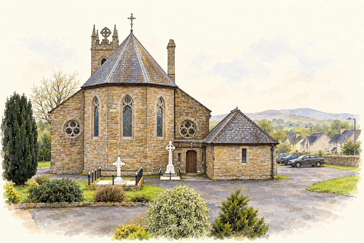 Watercolour and fine ink illustration of Saint Naile's Church, Kinawley, County Fermanagh.