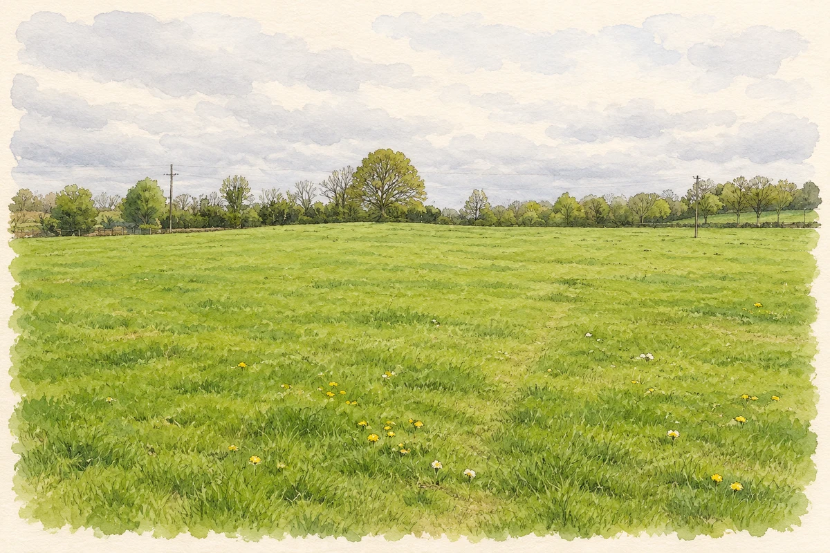 Watercolour and fine ink illustration of Pasture at Knockarevan, looking north from Derryvore Road in 2010.