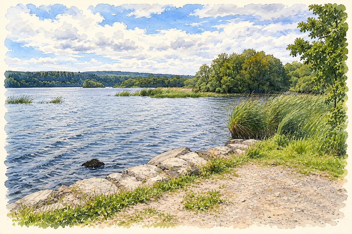 Watercolour and fine ink illustration of Castle Bay on Lower Lough Erne near Leggs, as photographed in 2009.