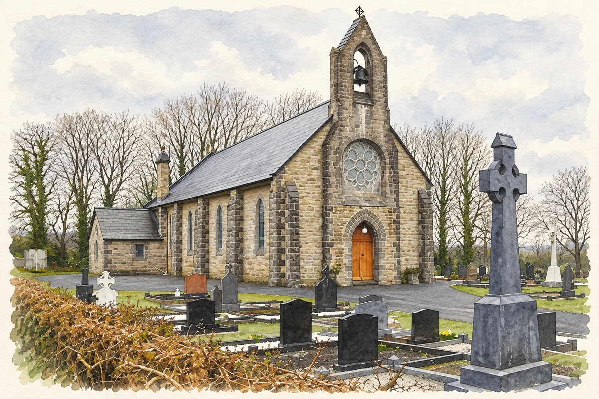 Watercolour and fine ink illustration of The Church of the Immaculate Conception at Monea, as photographed in April 2008.