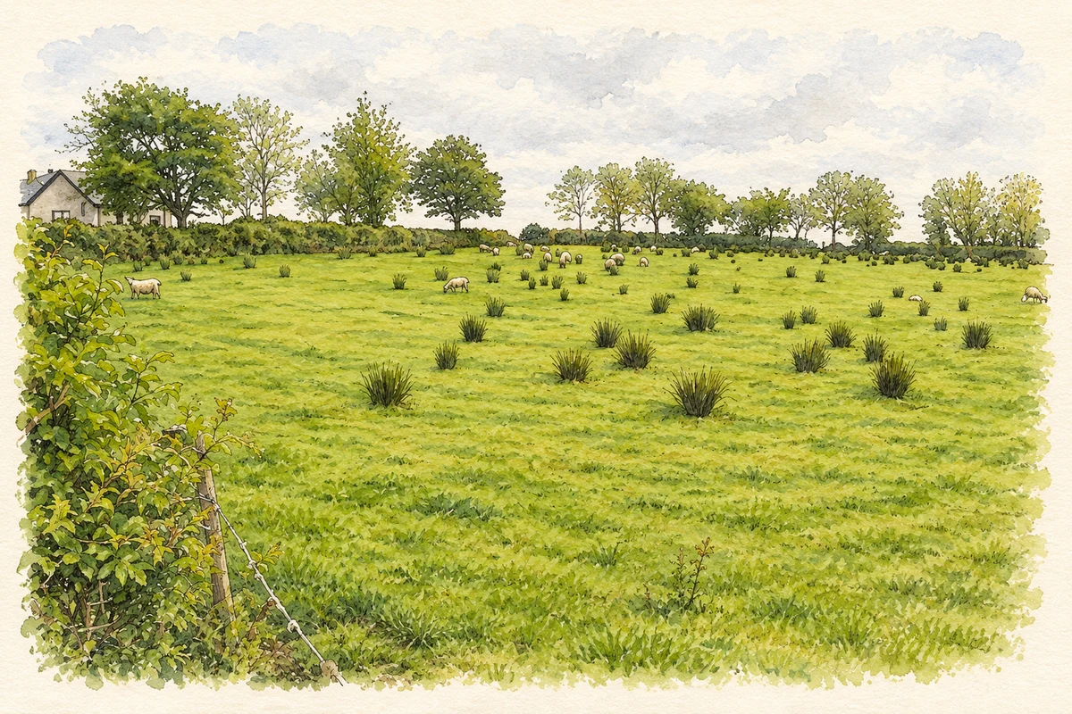 Watercolour and fine ink illustration of A sheep pasture in Stragolan townland, County Fermanagh, as photographed in May 2007.