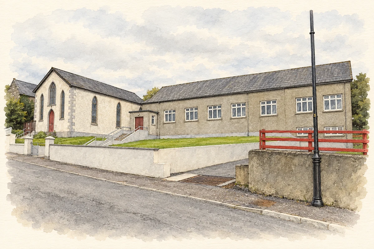 Watercolour and fine ink illustration of Pettigo Methodist Church and Hall at Tullyhommon, as photographed in September 2010.