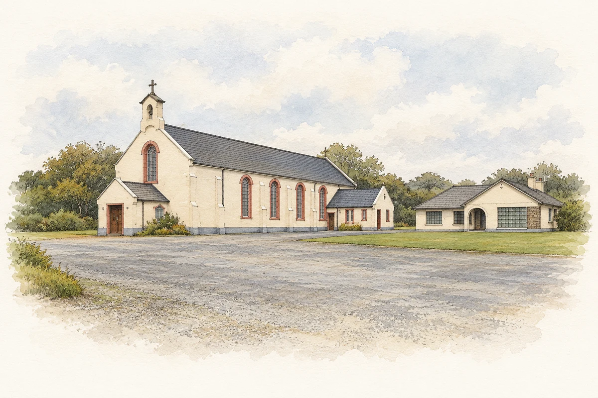 Watercolour and fine ink illustration of Church of the Holy Family, Ballyconneely, County Galway.