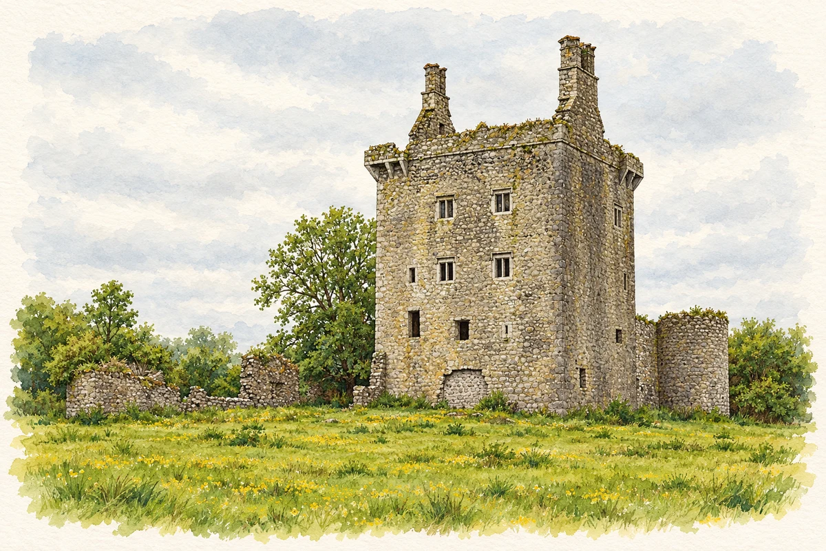Watercolour and fine ink illustration of Derryhivenny Castle, near Ballycrossaun.