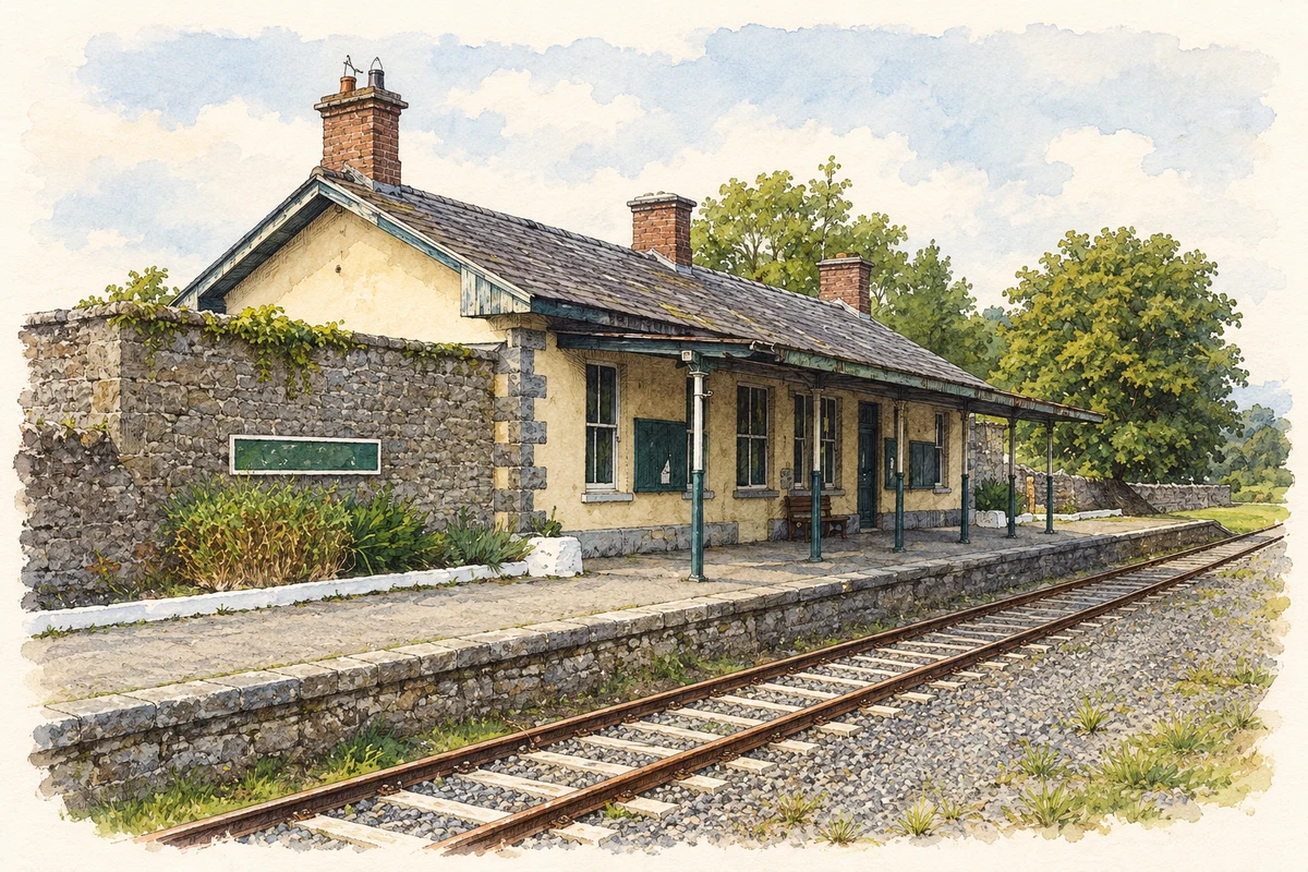 Watercolour and fine ink illustration of Ballyglunin railway station, County Galway.