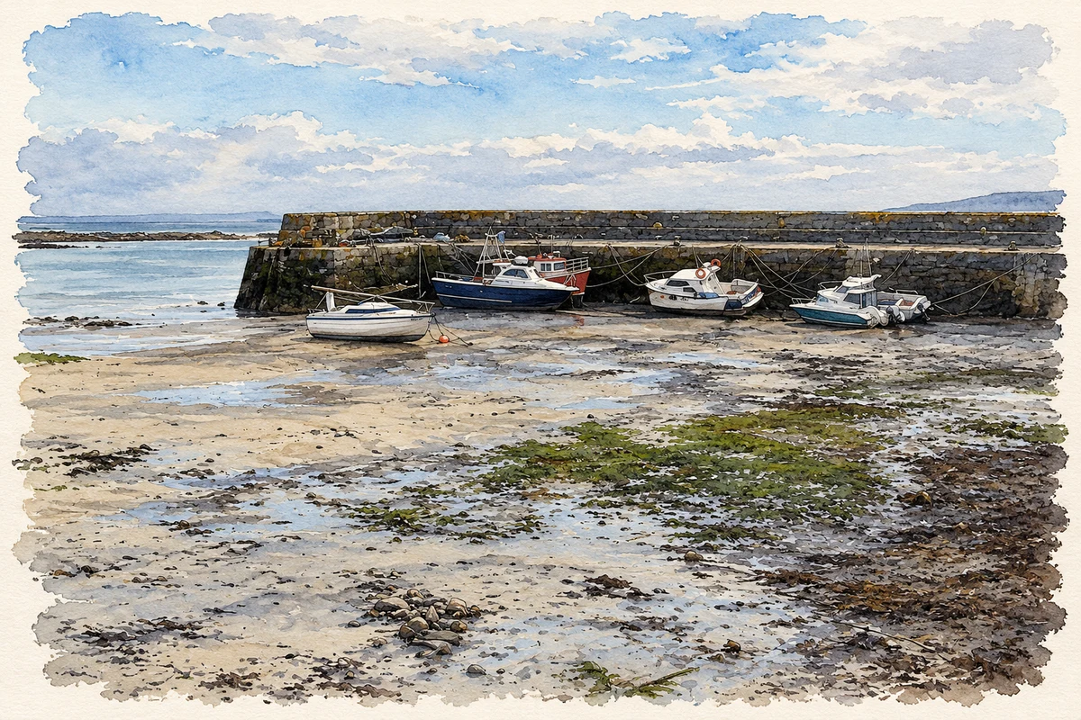 Watercolour and fine ink illustration of The quay, Barna, County Galway.