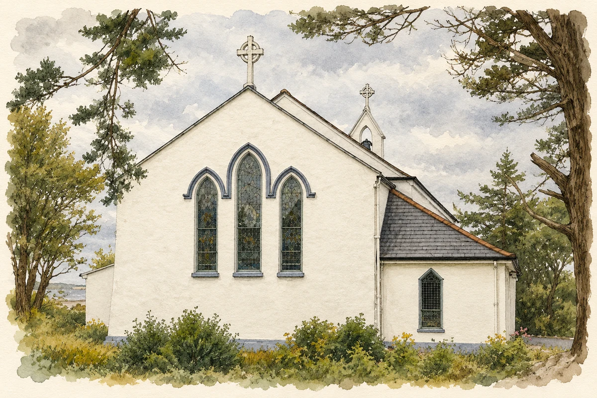 Watercolour and fine ink illustration of Saint Mary's Church, Carna, gable view.