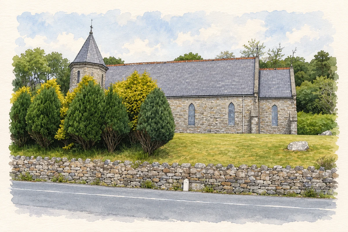 Watercolour and fine ink illustration of St James Church, Cashel, County Galway.