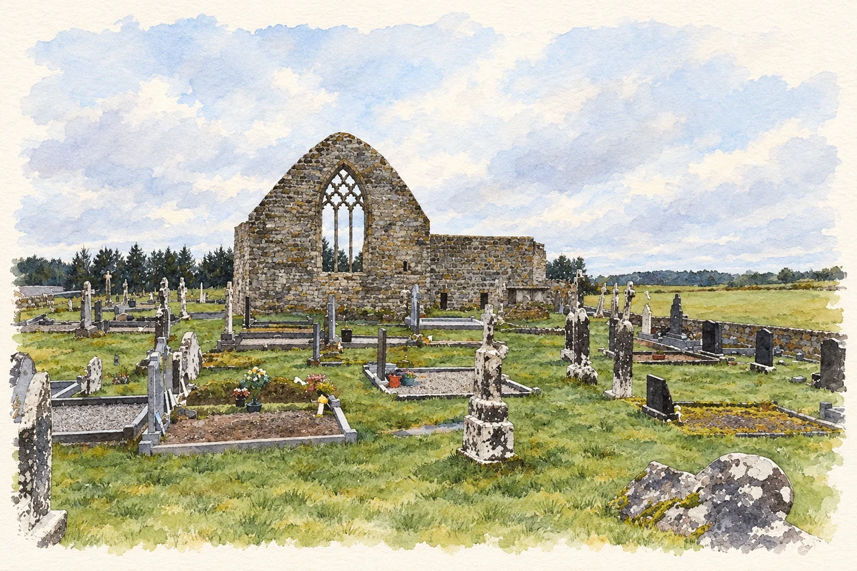 Watercolour and fine ink illustration of Cloonkeenkerrill church remains near Colmanstown.