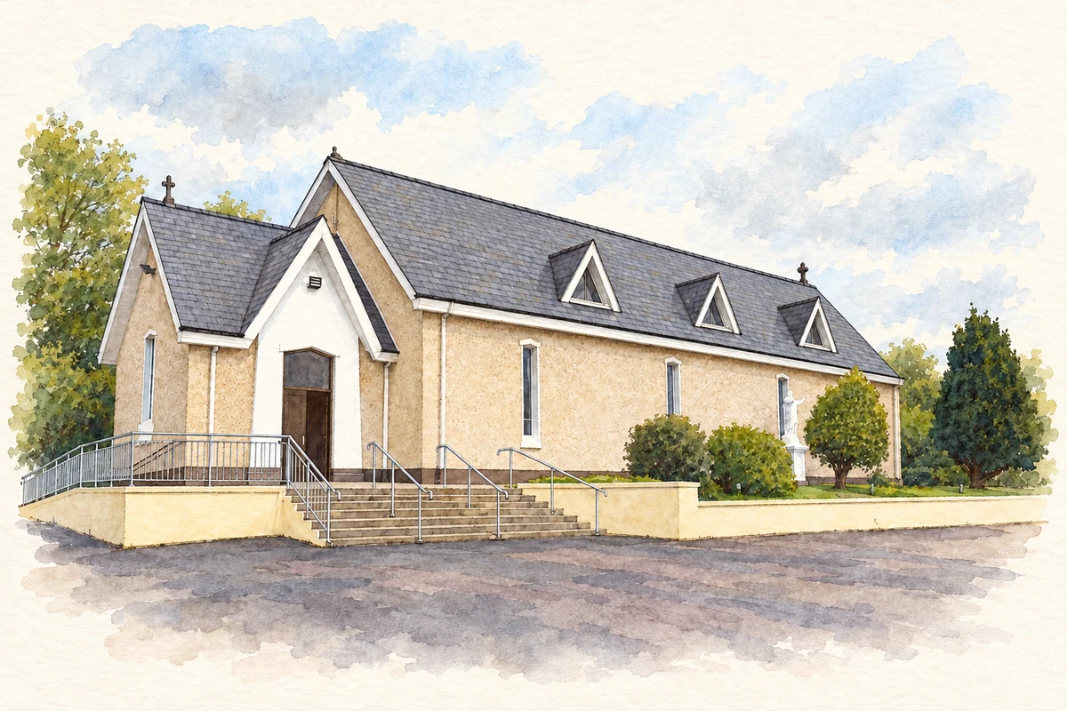 Watercolour and fine ink illustration of Catholic church at Cornamona.