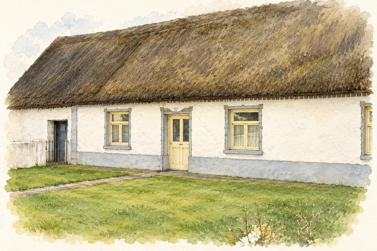 Watercolour and fine ink illustration of Thatched cottage near Corrandulla, County Galway.