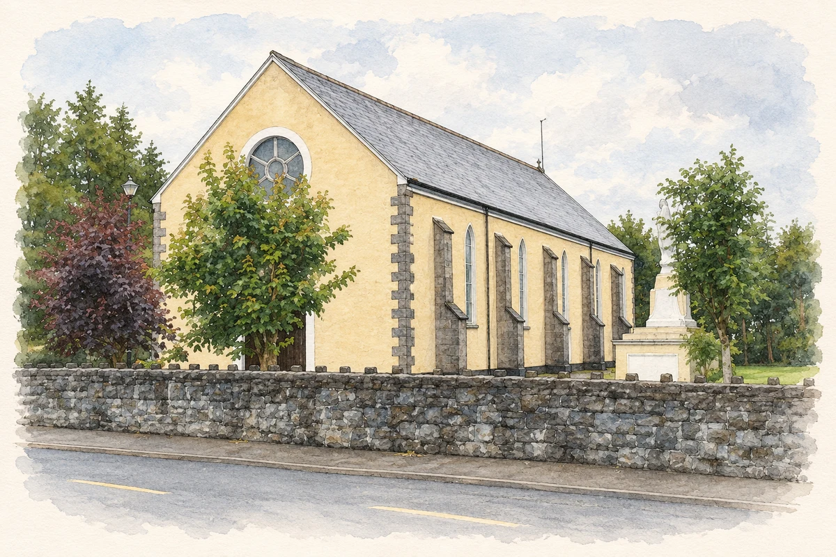 Watercolour and fine ink illustration of Saint Patrick’s Church, Garrafrauns, as photographed in 2014.