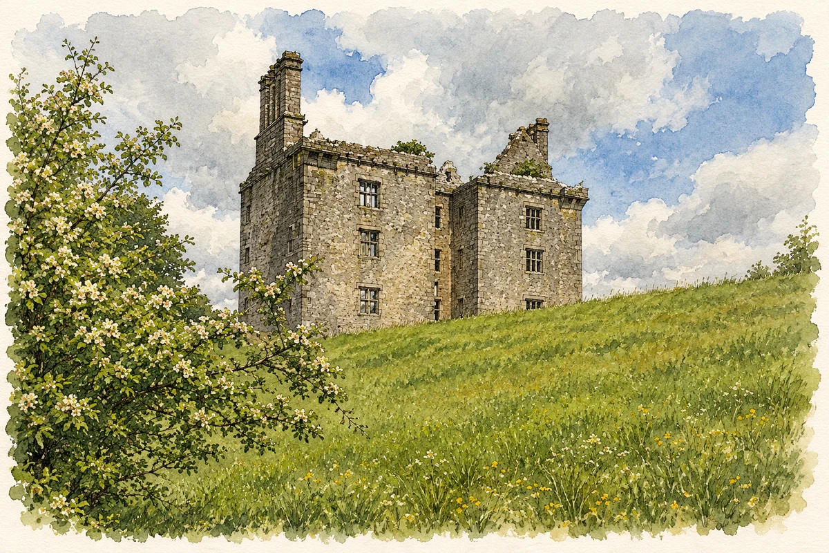 Watercolour and fine ink illustration of Glinsk Castle near Glinsk, County Galway.