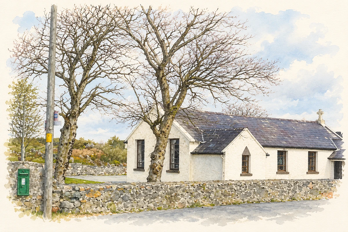 Watercolour and fine ink illustration of The church and roadside letter box at Inveran, as photographed in 2009.