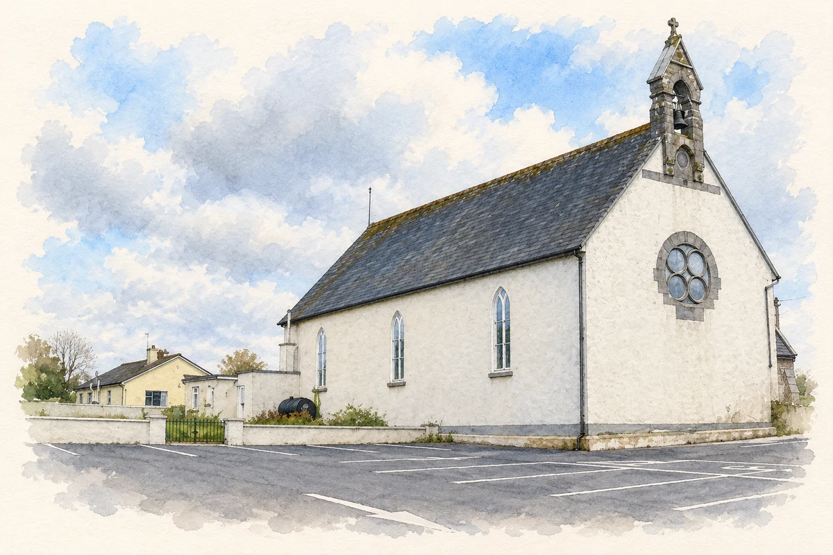 Watercolour and fine ink illustration of The parish church at Kilchreest, as photographed in 2009.