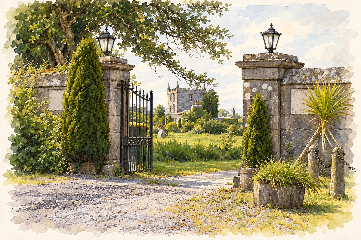 Watercolour and fine ink illustration of Kilcolgan Castle entrance, County Galway.