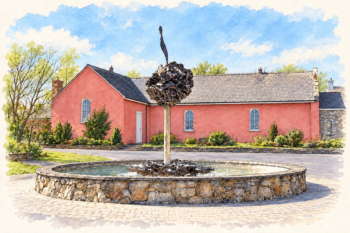Watercolour and fine ink illustration of Village fountain and community hall, Ballynahown.