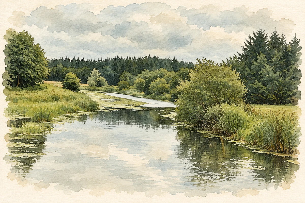 Watercolour and fine ink illustration of River Inny near Coole, County Westmeath.