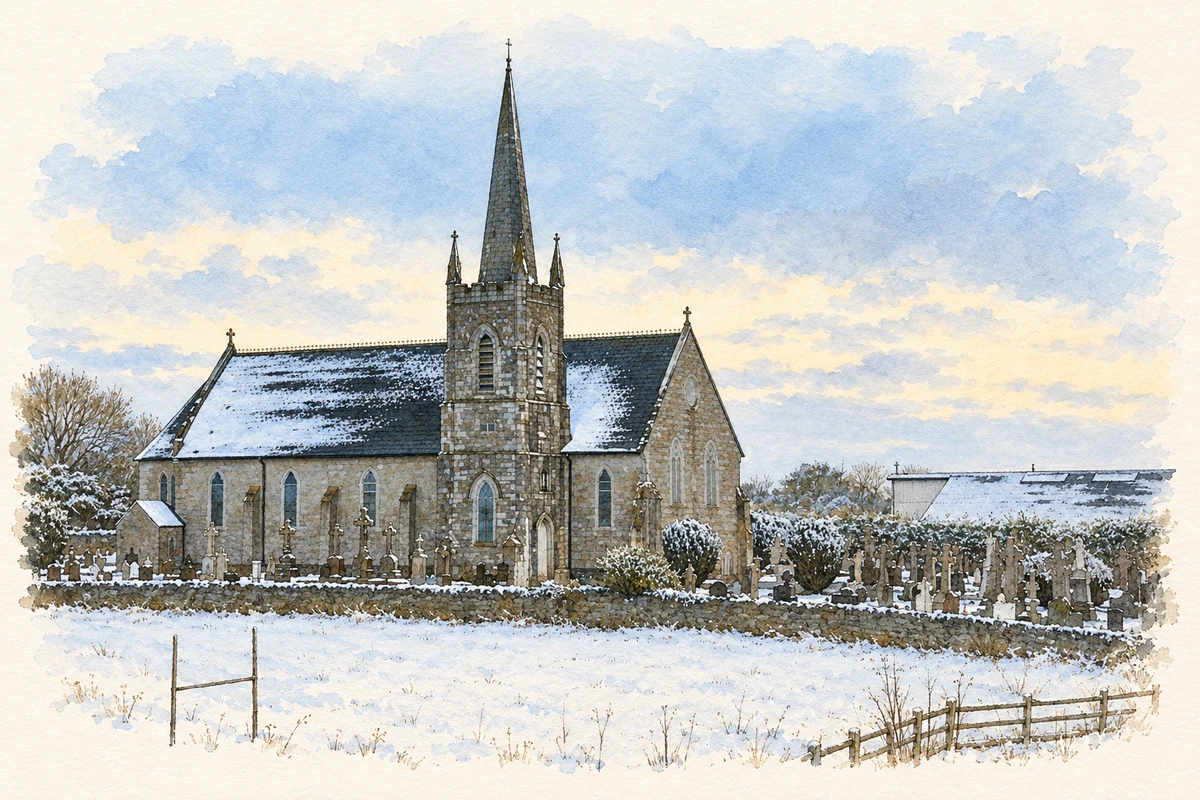 Watercolour and fine ink illustration of St Agnes Church near Correllstown (Coralstown).