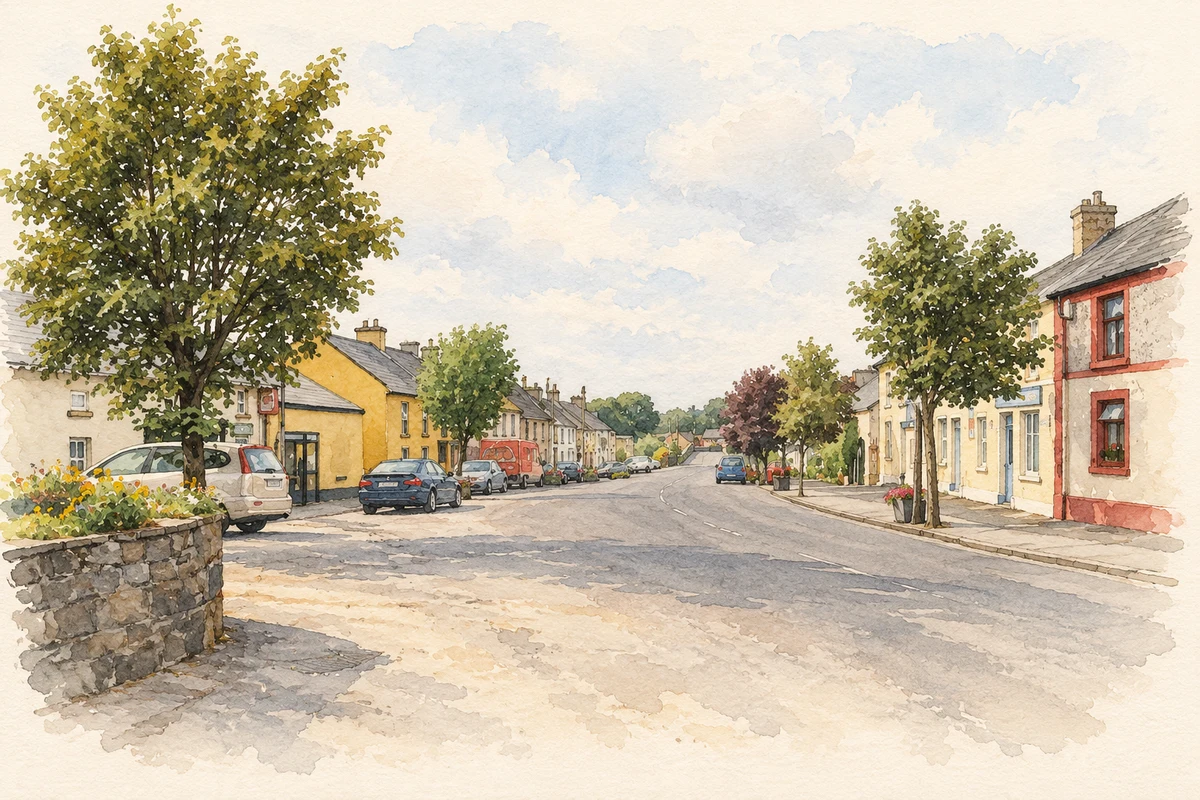 Watercolour and fine ink illustration of Finnea village street, as photographed in 2006.