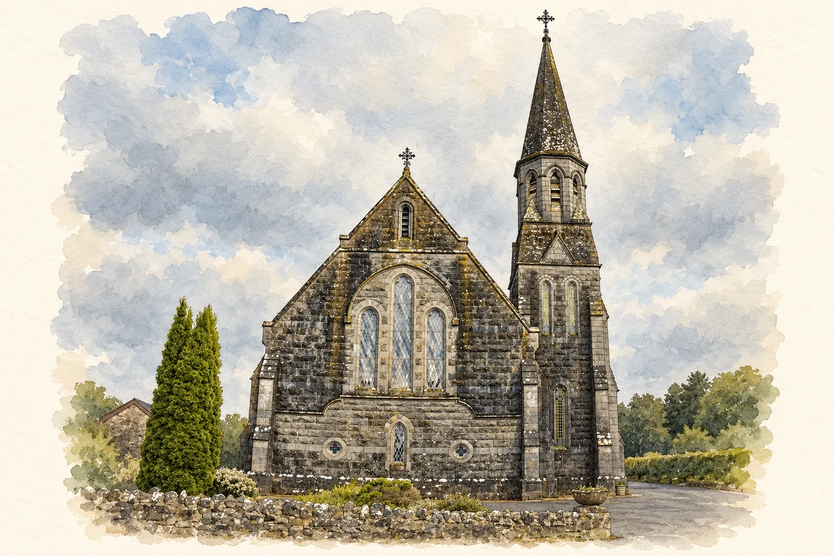 Watercolour and fine ink illustration of Saint Féichín's Catholic Church, Fore, County Westmeath.