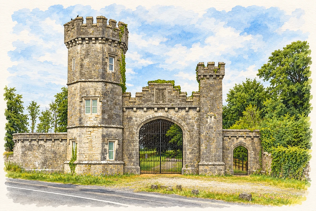 Watercolour and fine ink illustration of The gate lodge and gateway at Knockdrin, as photographed in 2022.