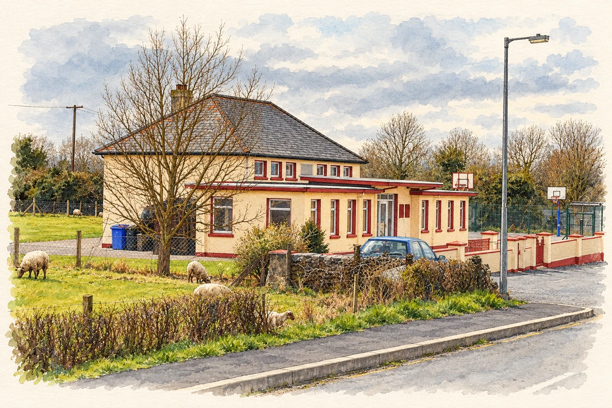 Watercolour and fine ink illustration of Moyvore National School, as photographed in April 2008.