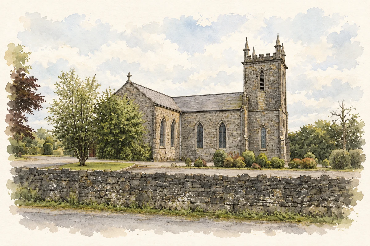 Watercolour and fine ink illustration of Church at Rathowen, County Westmeath.