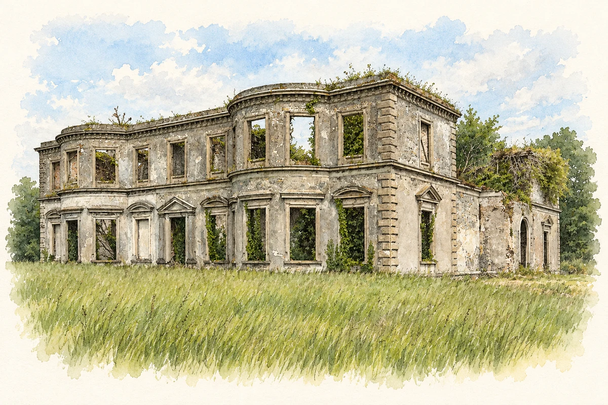 Watercolour and fine ink illustration of Bellegrove House remains, near Ballybrittas.