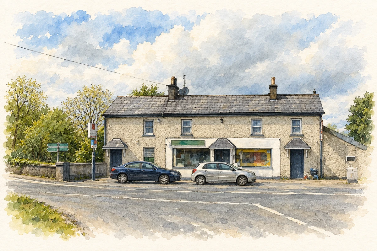 Watercolour and fine ink illustration of Post office at Crettyard.